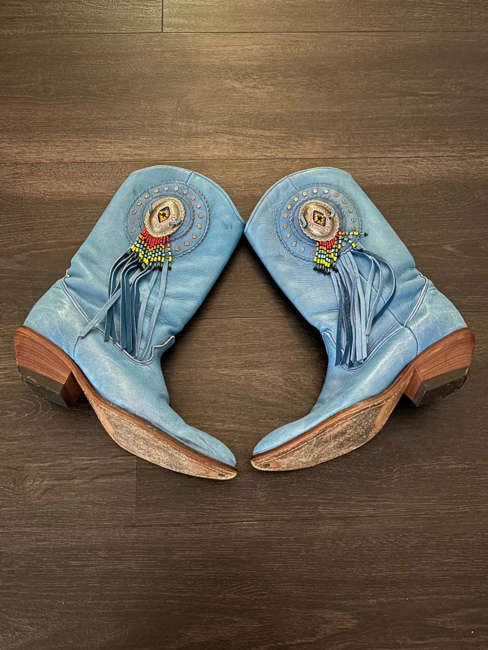 RARE VTG Blue Suede Zodiac Cowboy Boots/ Southwestern Style Beaded Fringe